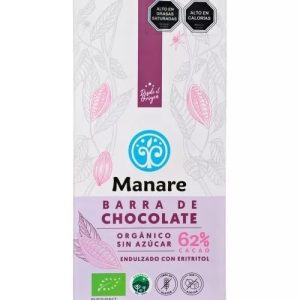 Barra Chocolate 62% Cacao Orgánico Sin Azucar. Manare