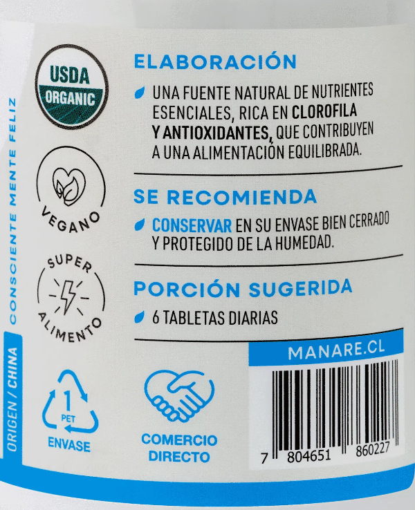 Chlorella Orgánica 180 Tabletas 90 Gr. Manare. - Imagen 3